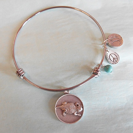 Adjustable Bangle Bracelet with Horned Toad Disc Charm